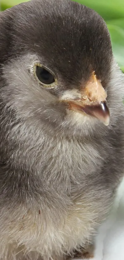 Fluffy gray chick with soft feathers, close-up view.