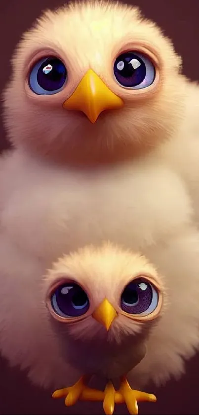 Adorable fluffy chicks with big blue eyes on a brown background.