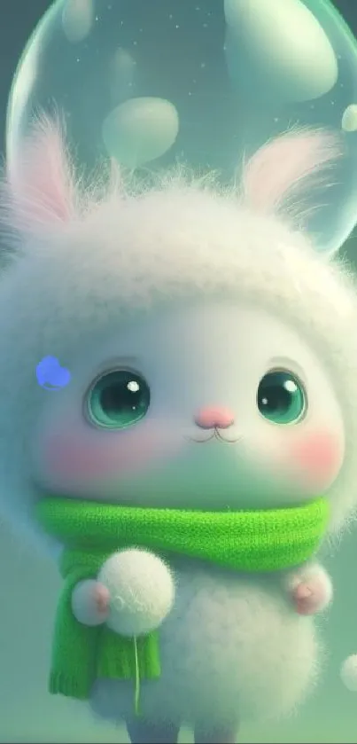 Cute fluffy creature with green scarf and bubble background.