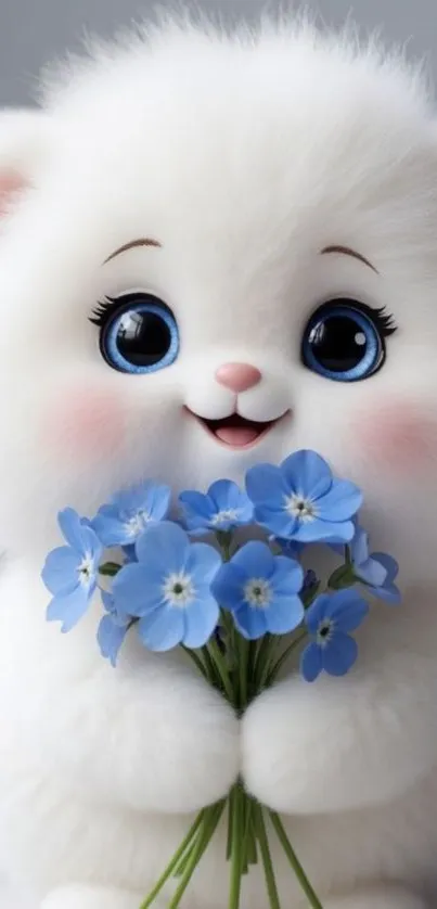 Fluffy creature holding blue flowers, smiling happily.