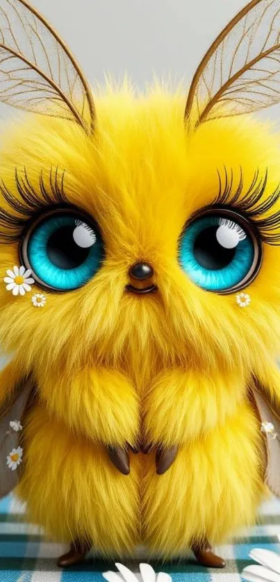 Cute fluffy creature with blue eyes on mobile wallpaper.