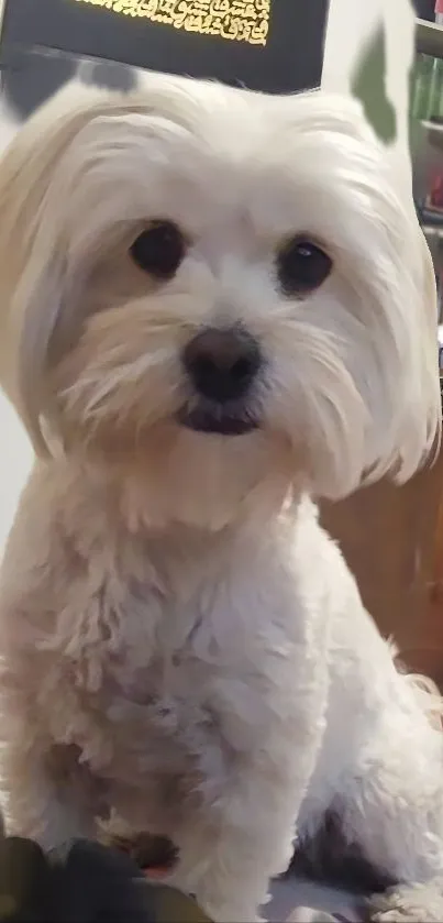 Charming portrait of a fluffy white dog sitting indoors.