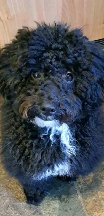 Adorable black fluffy dog sitting indoors.