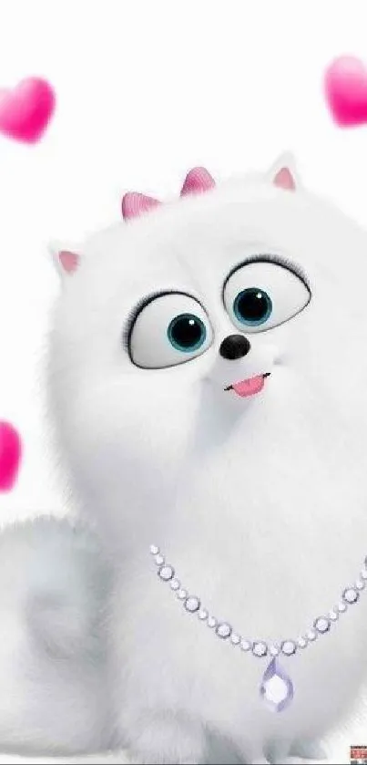 Adorable fluffy white dog with pink hearts illustration.