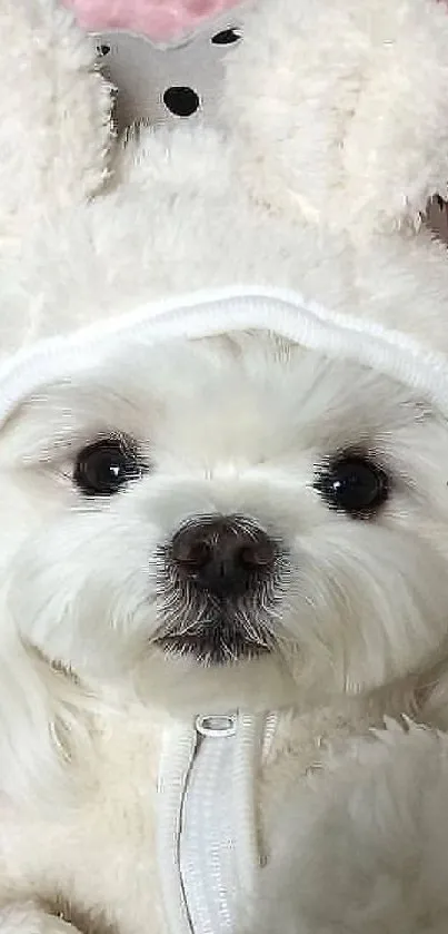 Cute fluffy dog in white costume with pink background.