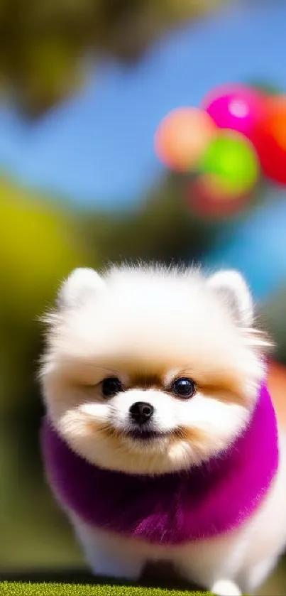 Fluffy dog with purple scarf on green background.