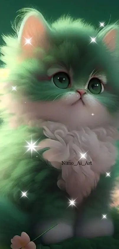 Adorable fluffy green kitten with flowers in a dreamy setting.