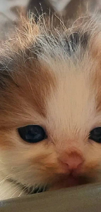 Close-up of an adorable fluffy kitten with blue eyes and a light brown coat.