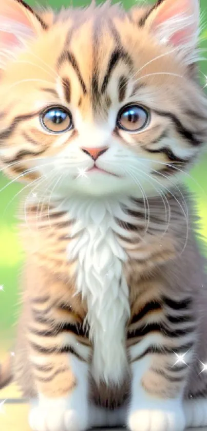 Adorable fluffy kitten with blue eyes and a green background.