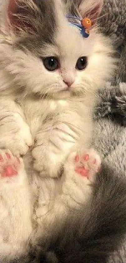 Fluffy gray and white kitten with bow on soft blanket.