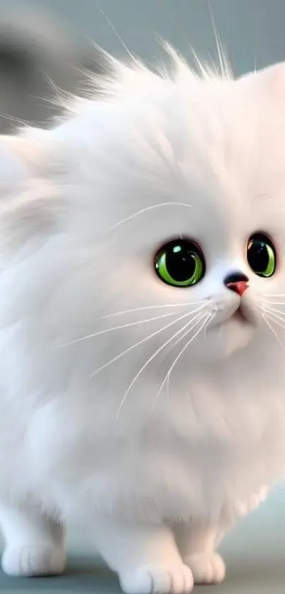 Fluffy white kitten with green eyes, posing adorably for a mobile wallpaper.