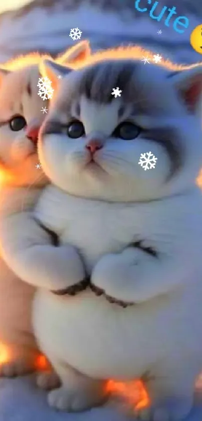 Adorable fluffy kittens in a snowy sunset scene.