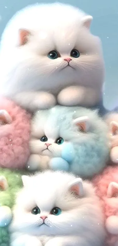 Adorable pastel colored fluffy kittens wallpaper for mobile phones.