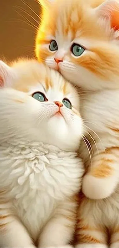 Two adorable fluffy kittens with orange and white fur cuddling.