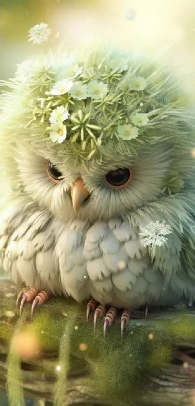 Adorable fluffy owl with flowers on its head, perched on a branch.