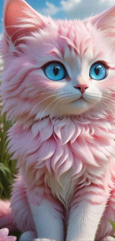 Fluffy pink cat sitting in a floral meadow with bright blue eyes.