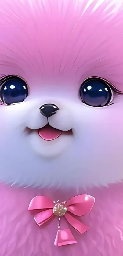 Cute fluffy pink dog with big eyes and pink bow tie.