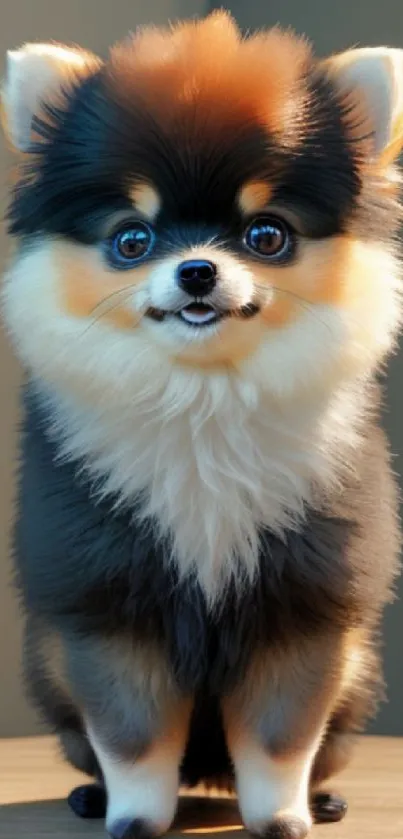 Fluffy Pomeranian puppy with big eyes on a wooden table background.