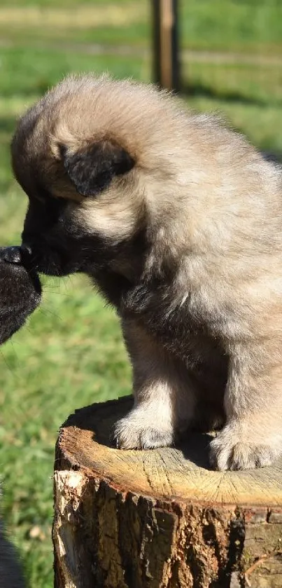 Fluffy puppies with adult dog outdoors on a stump.