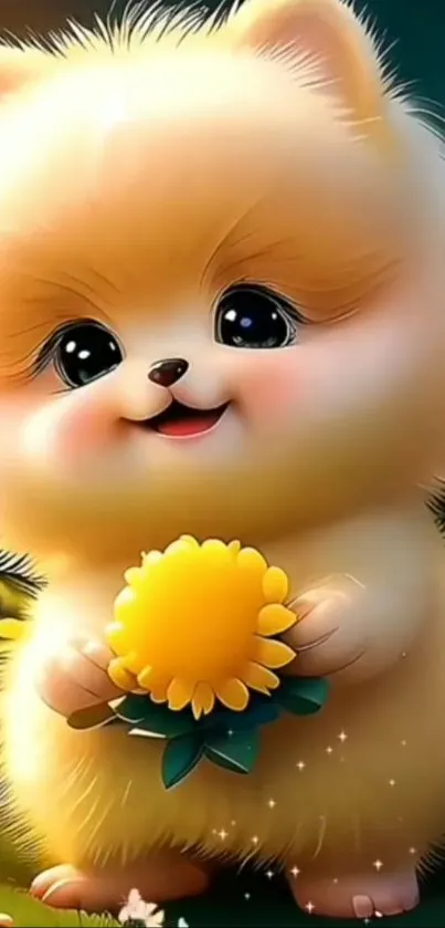 Cute fluffy puppy holding a flower in digital art style.