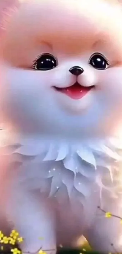 Charming fluffy puppy cartoon illustration for mobile wallpaper.