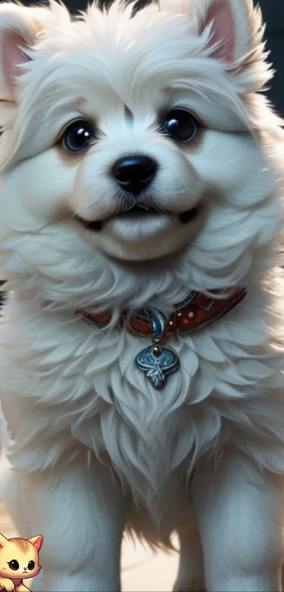Adorable fluffy puppy with collar on a mobile wallpaper.