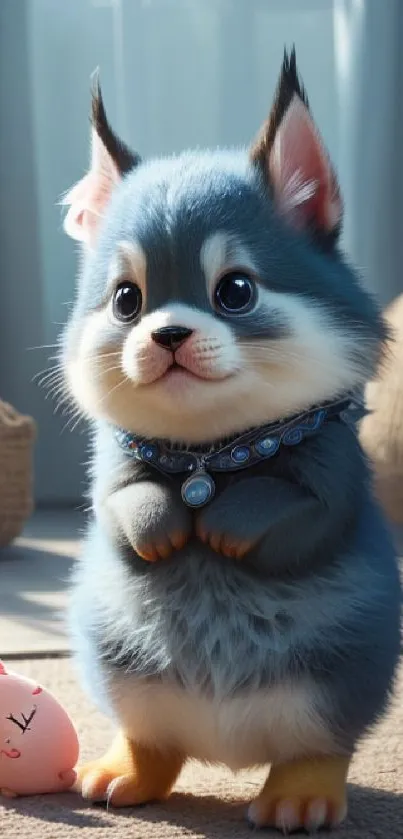 Adorable fluffy puppy with blue-grey fur and cute accessories, sitting indoors.