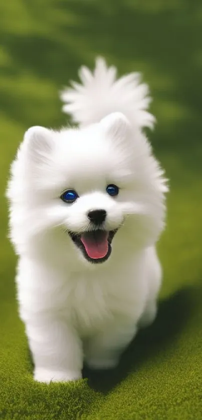 Fluffy white puppy on a green background, smiling happily.