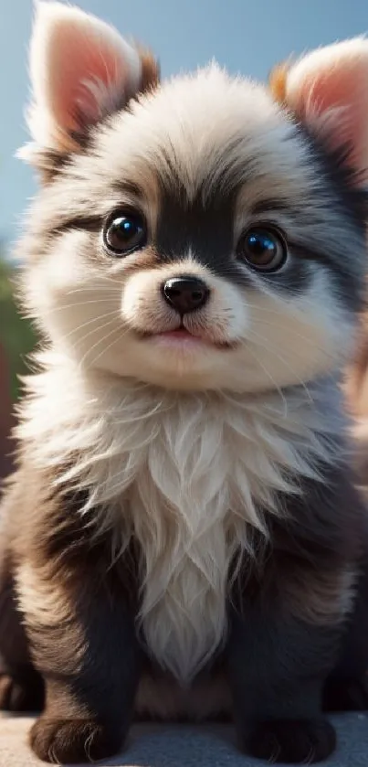 Cute and fluffy puppy posing outdoors in a stone setting.