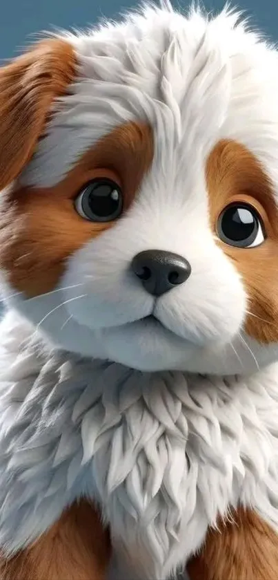 Adorable fluffy cartoon puppy with white fur and brown patches.