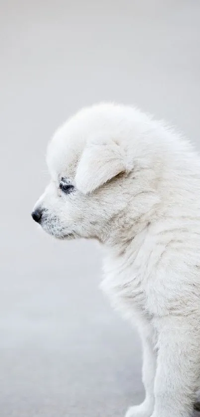 Cute white fluffy puppy on a beach.