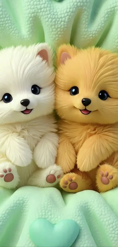 Adorable fluffy puppies on a green blanket.