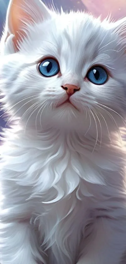 Adorable white kitten with blue eyes, fluffy fur, digital art wallpaper.