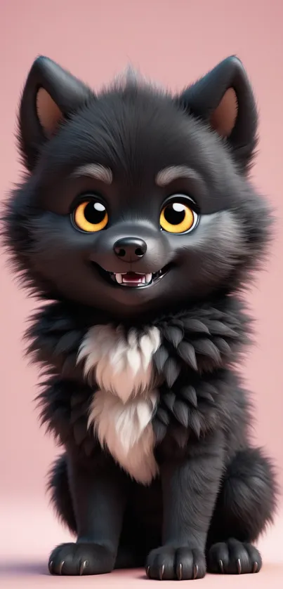 Adorable fluffy wolf puppy with big eyes on a pink background.