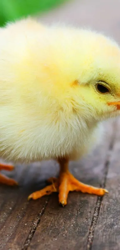 Fluffy yellow chick on wooden surface.