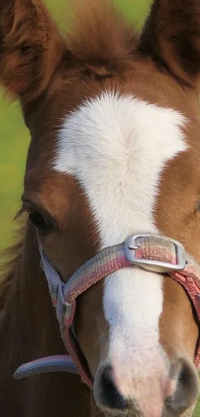 Close-up of an adorable brown foal with a white blaze, wearing a halter.