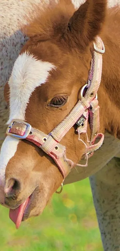 Adorable foal in pink halter standing in field.