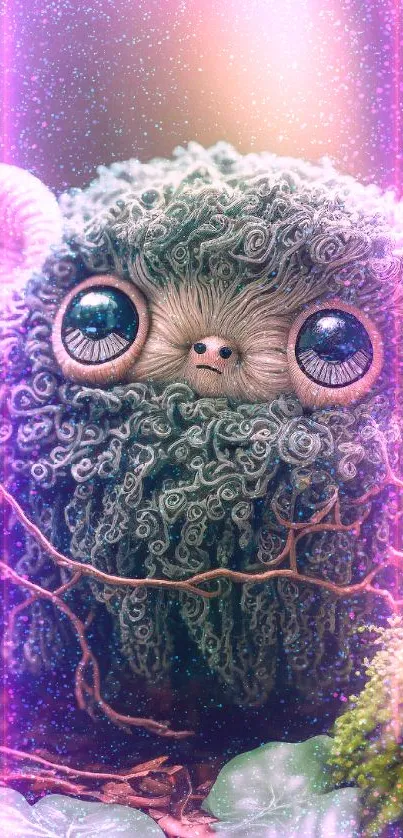 Cute forest creature in a lush green setting with big eyes and mossy fur.