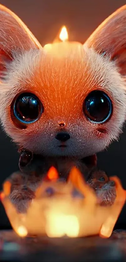 Adorable fox candle with large eyes glowing warmly.