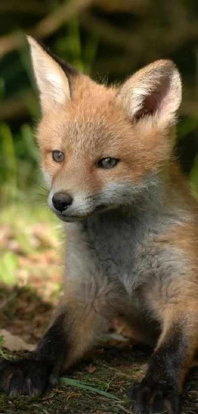 Adorable fox cub sitting in forest setting.