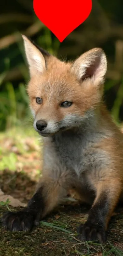 Cute fox cub on a grassy forest floor with a red heart above.