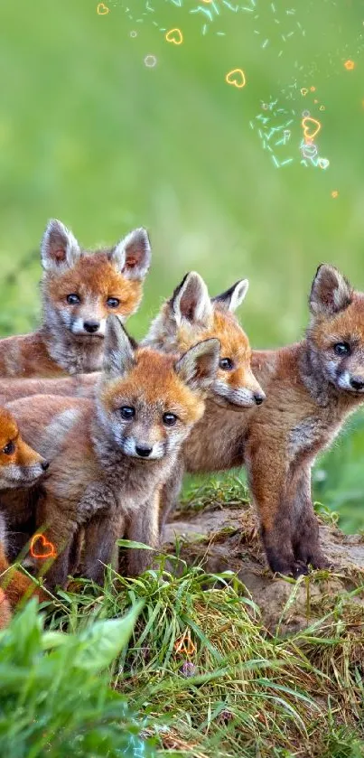 Adorable fox cubs play in a lush green meadow.