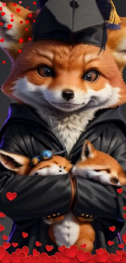 Fox family in graduation robes with hearts.
