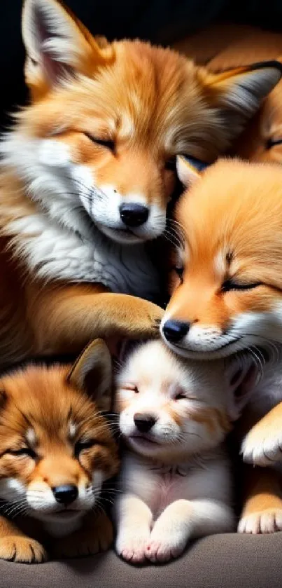 Adorable fox family cuddling together in gentle sleep.