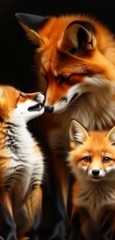 Adorable fox family snuggled together.