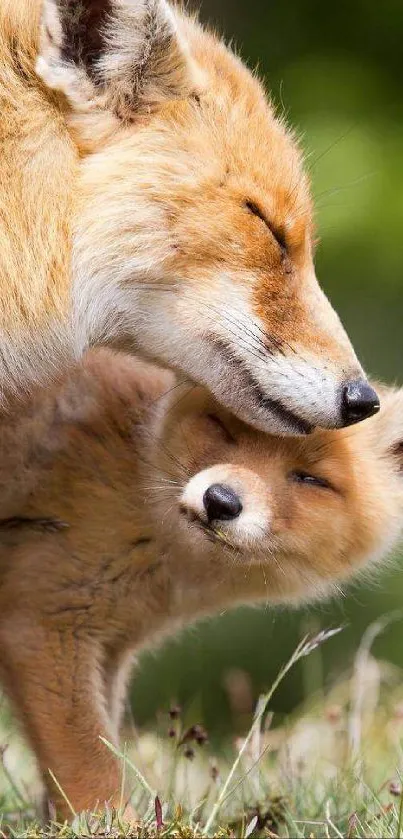 A sweet fox family cuddling in nature, perfect for mobile wallpaper.