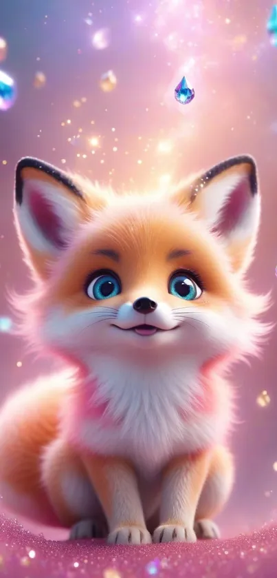 Cute cartoon fox with sparkling jewels on a pink fantasy background.