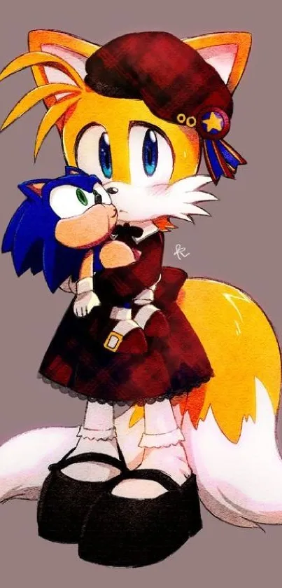 Cartoon fox hugging a plush toy in a dress.