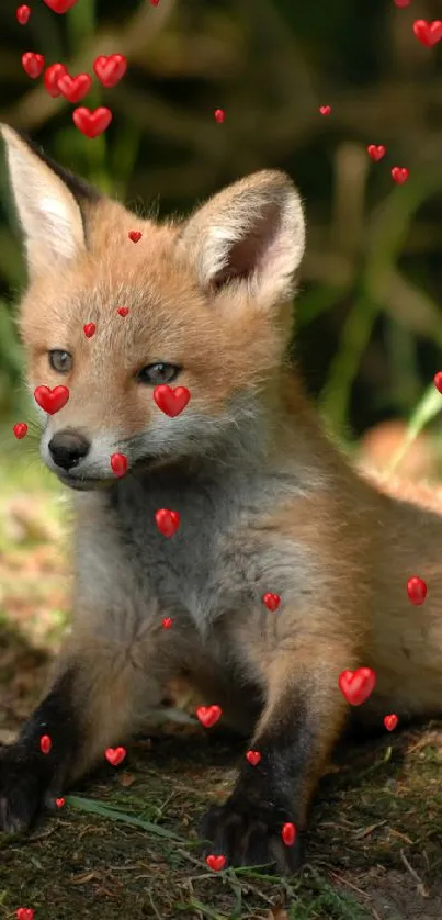 Cute fox cub resting in a lush green forest setting.