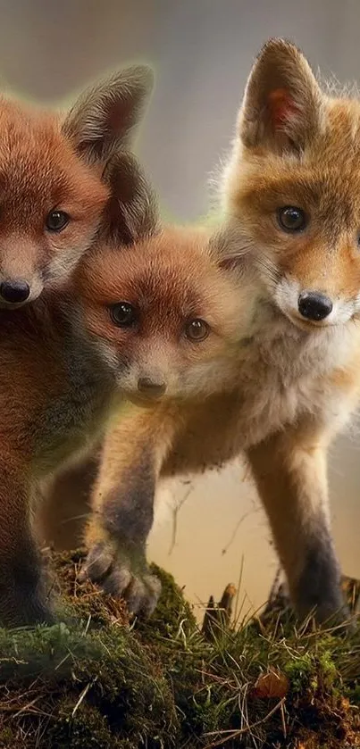 Cute fox cubs in forest, perfect for phone wallpaper.